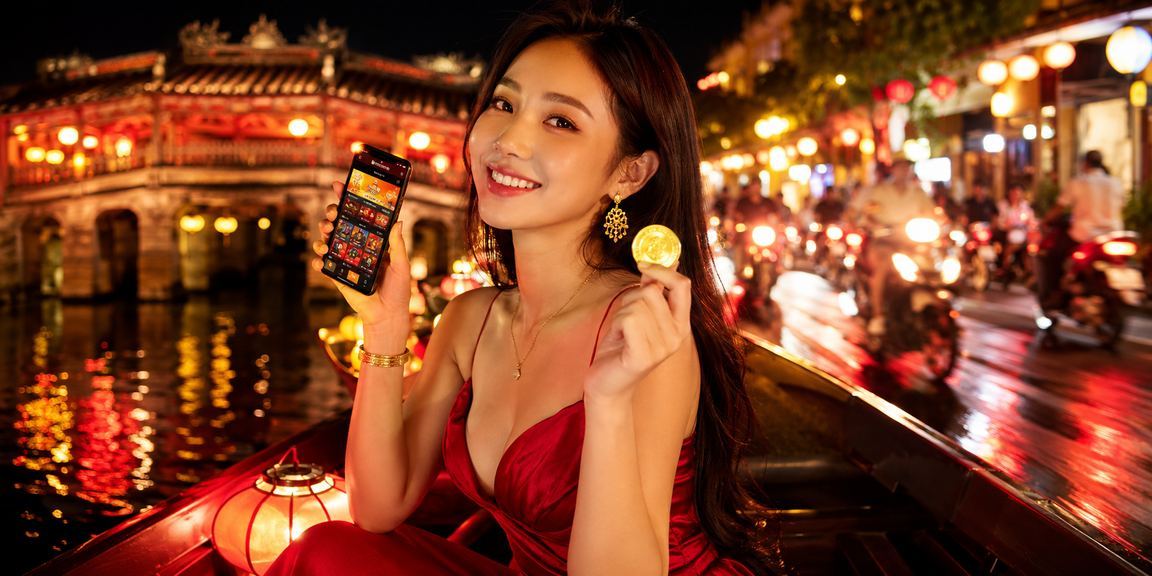 Người dùng trải nghiệm casino di động tại chợ đêm Hội An với không khí sôi động